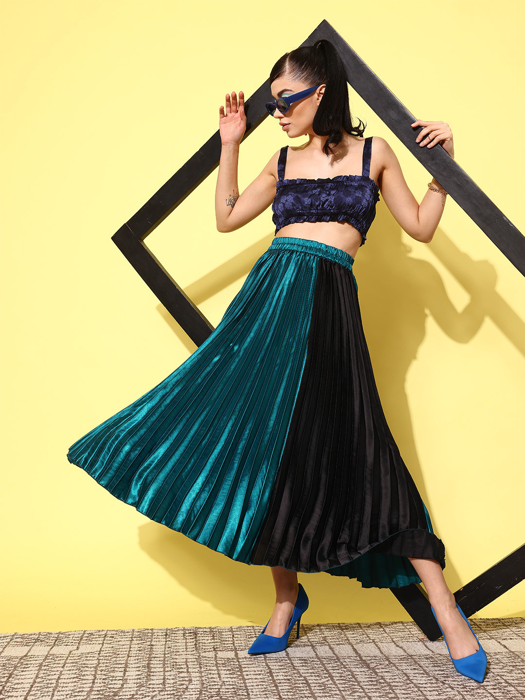 Antheaa Colourblocked Accordion Pleated Satin Midi Skirt