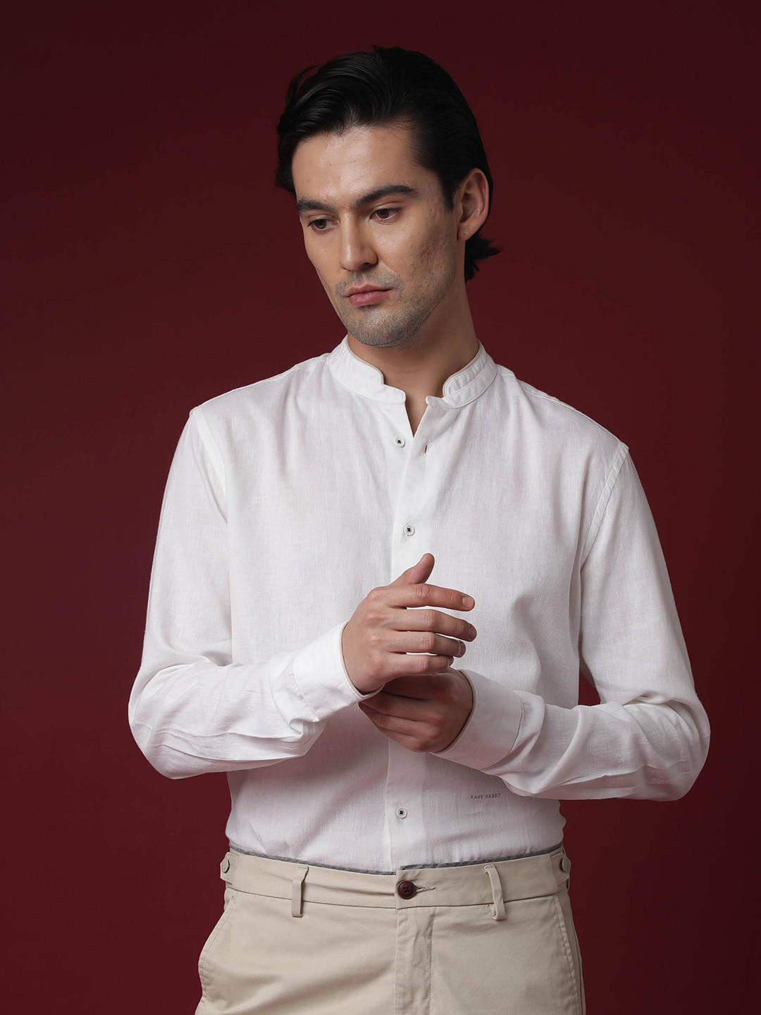 RARE RABBIT Men Manderins Slim Fit Mandarin Collar Cotton Shirt