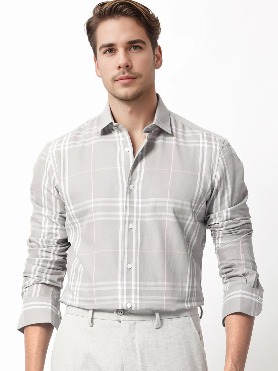 RARE RABBIT Men Garet Slim Fit Windowpane Check Cotton Shirt