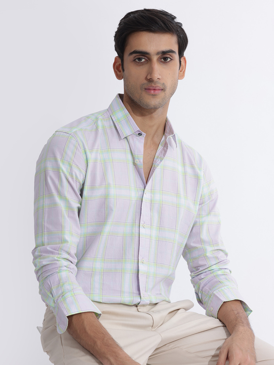 RARE RABBIT Men Gulls Slim Fit Tartan Checked Opaque Cotton Shirt