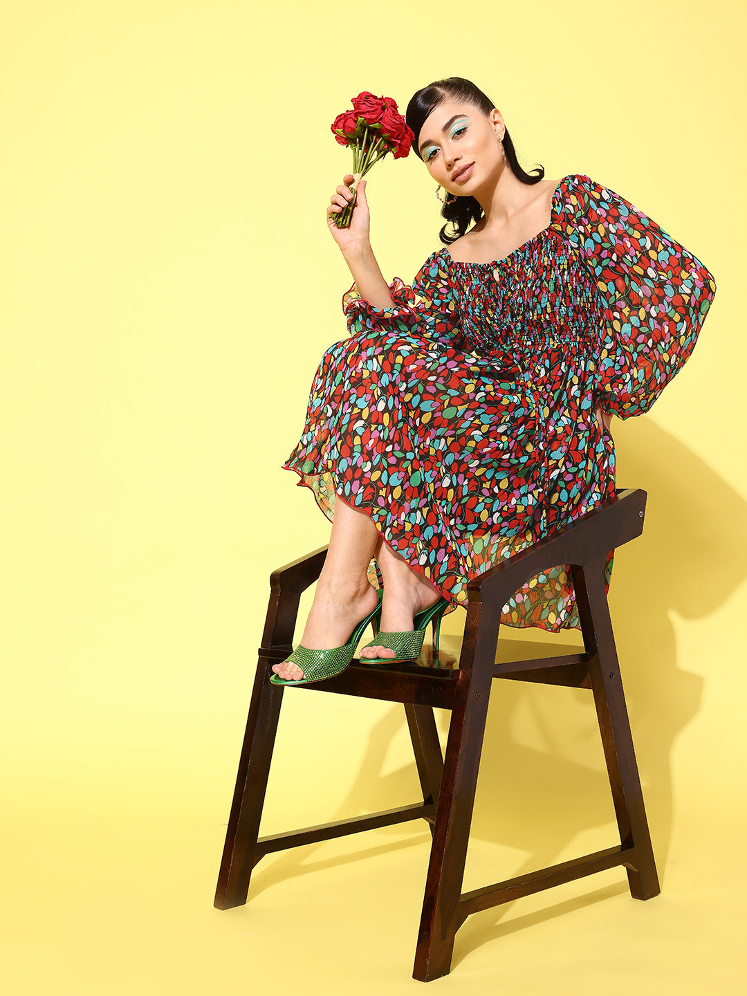 Antheaa Floral Print Puff Sleeve Chiffon A-Line Dress