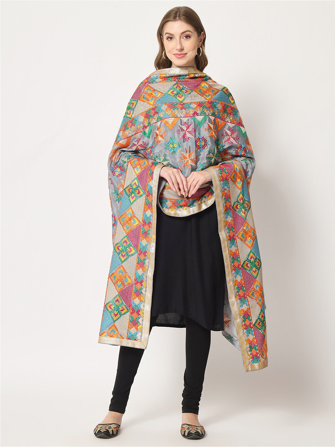 Zamour Ethnic Motifs Phulkari Embroidered Dupatta