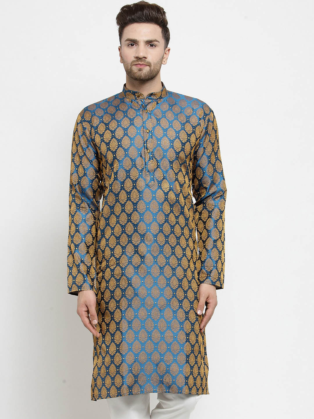 Jompers Band Collar Ethnic Motifs Woven Design Jacquard Kurta