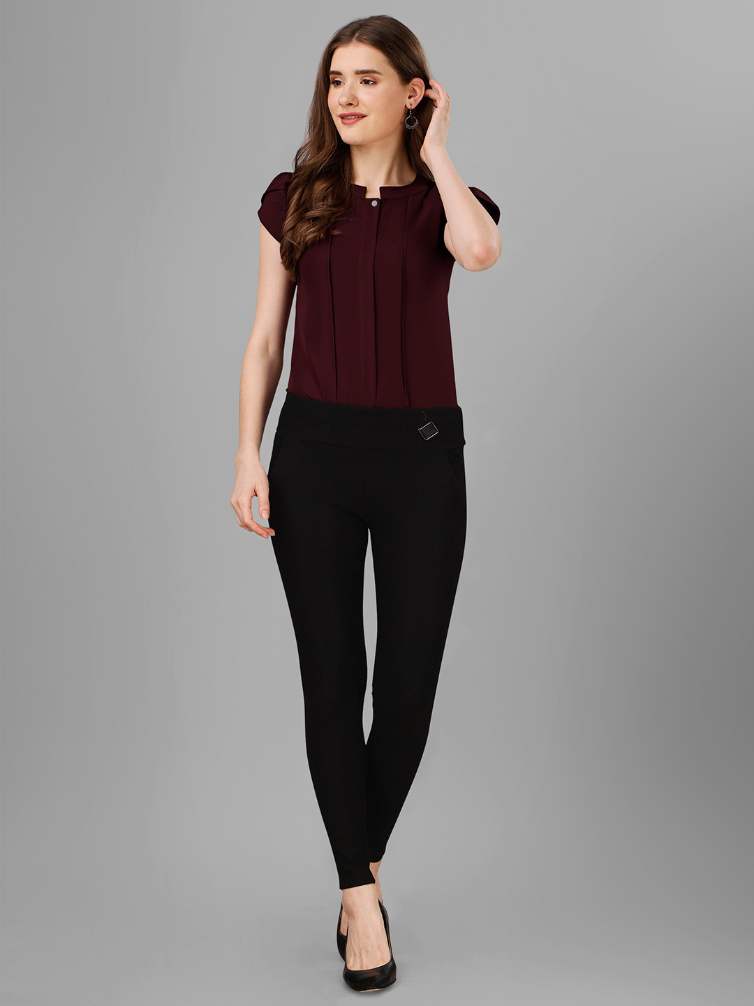 Kinjo Mandarin Collar Puff Sleeves Pleated Regular Top