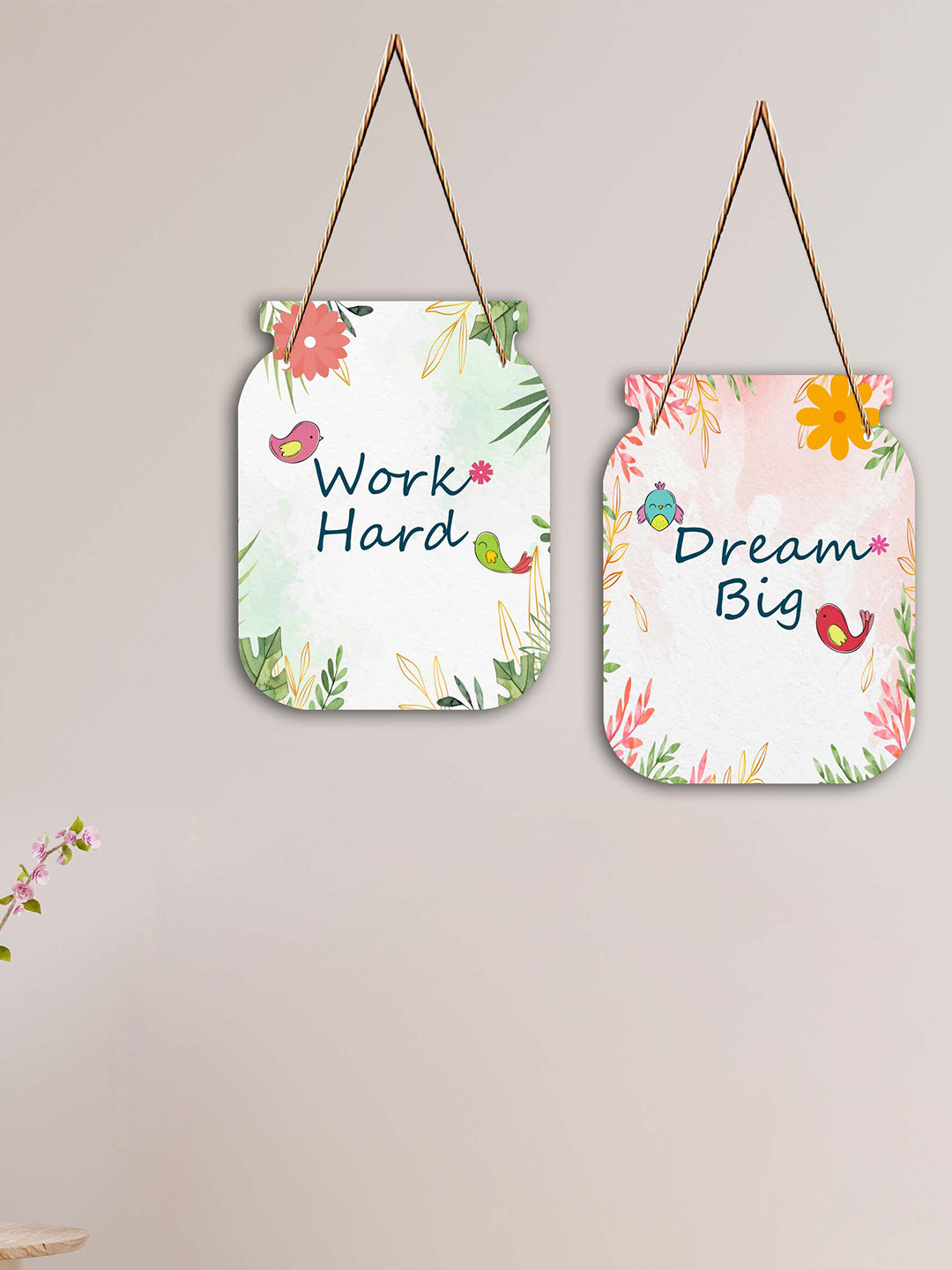 SAF Jar Shape Work Hard Dream Wood Floral Matte Hanging Hall 2Pcs Wall Hangings-11In