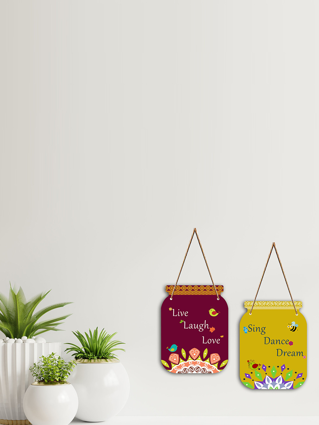 SAF Jar Shape Motivational Quotes Wood Ethnic Motifs Matte Bedroom 2Pcs Wall Hangings-11In