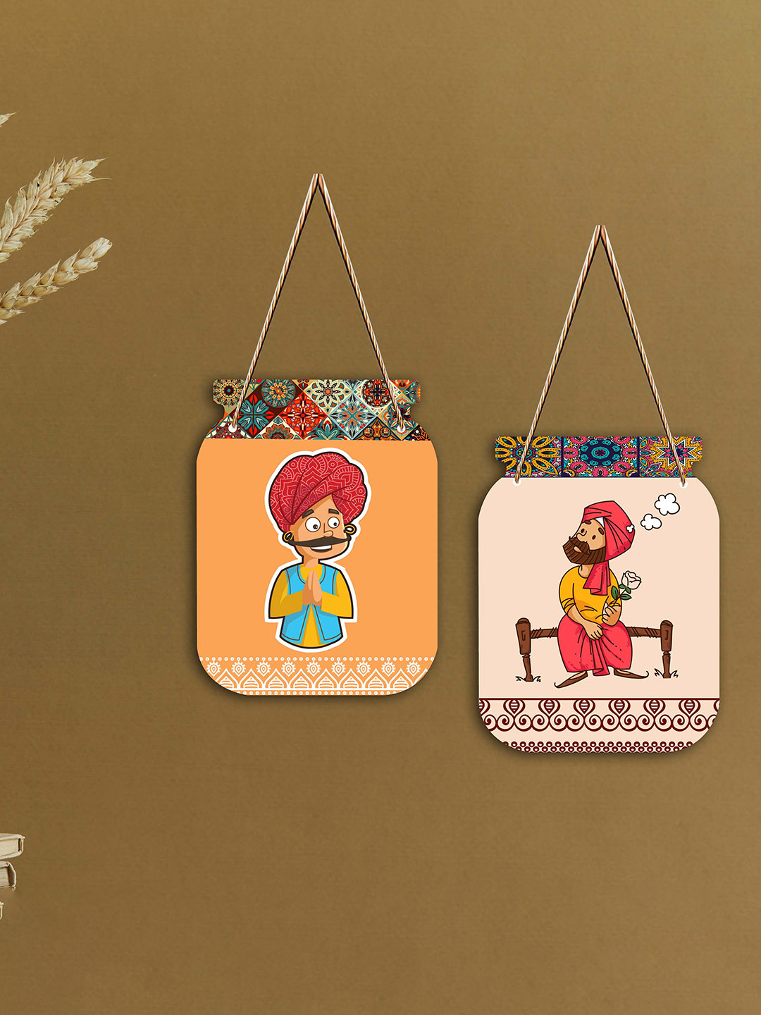 SAF Jar Shape Wood Ethnic Motifs Matte Hanging Hall 2Pcs Wall Hangings-8In
