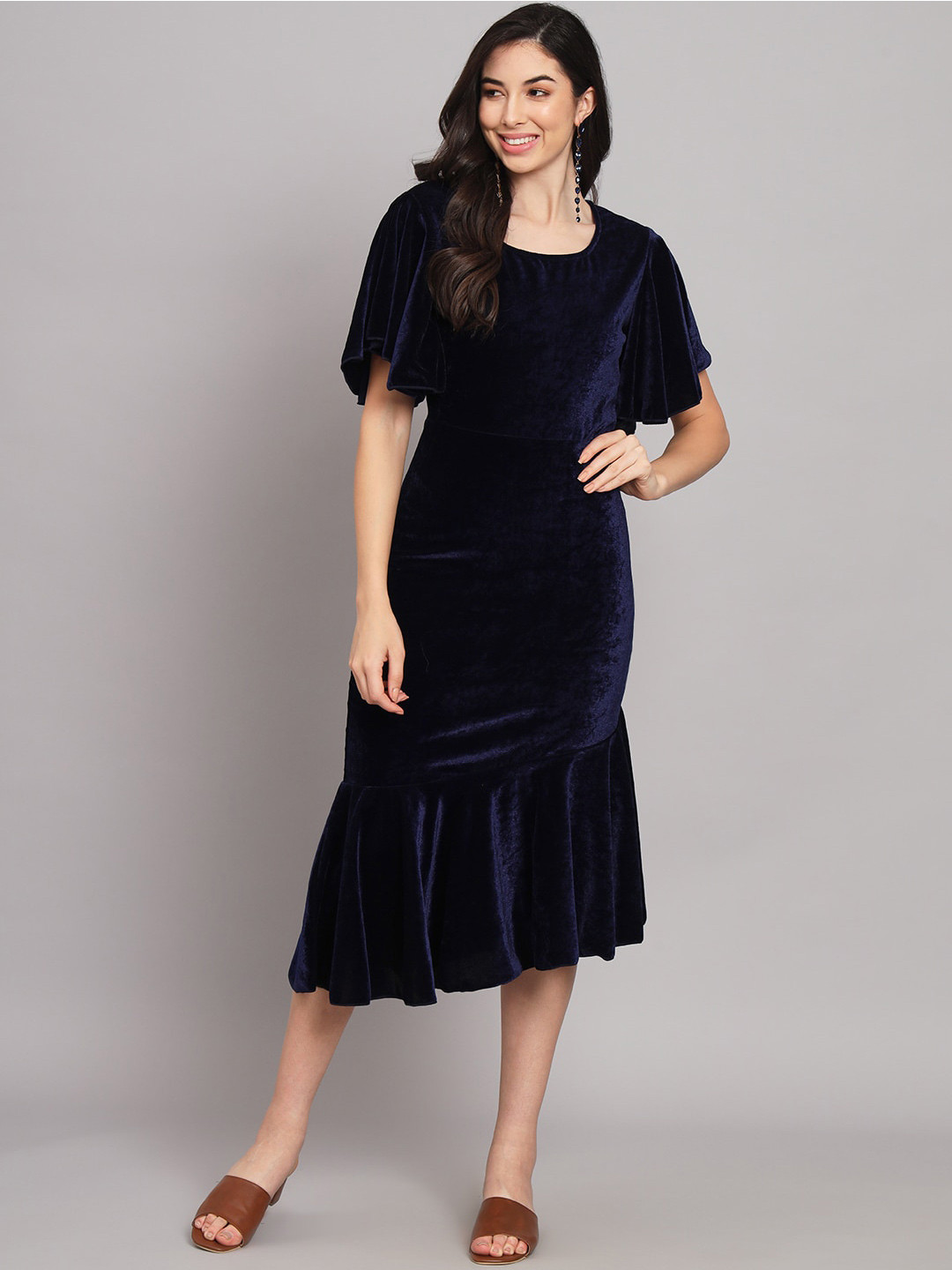 VAARARO Navy Blue Flared Sleeve Velvet Sheath Midi Dress