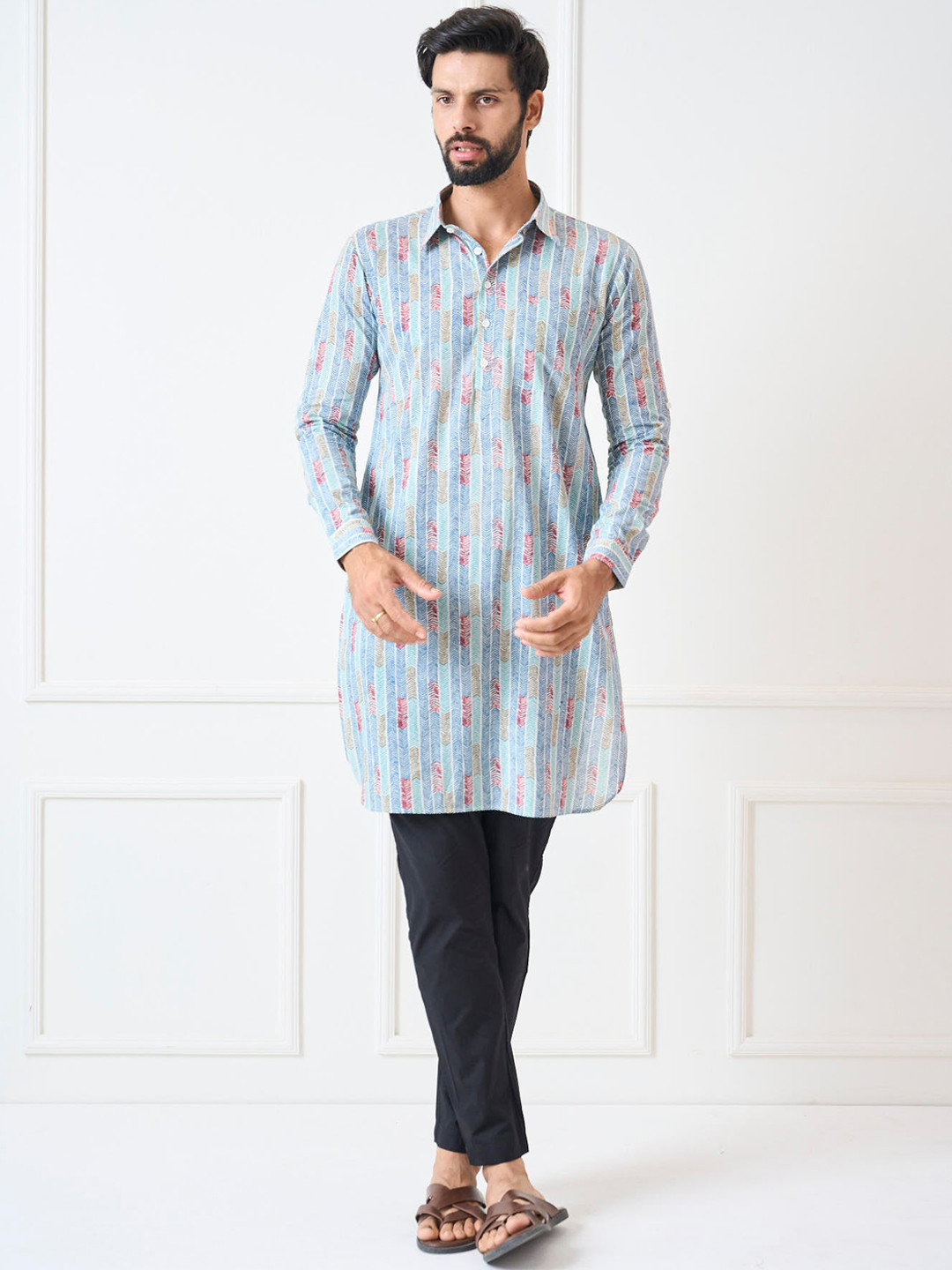 See Designs Shirt Collar Geometric Printed Pure Cotton Pathani Kurta
