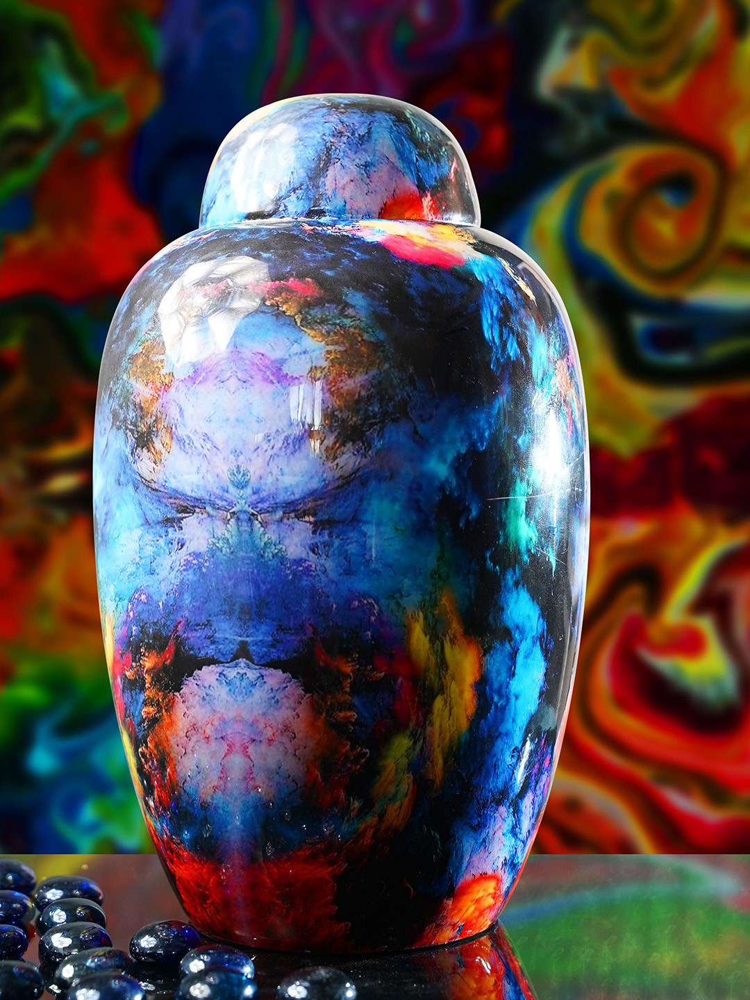 Folkstorys Blue Printed Opal Metal Temple Jar