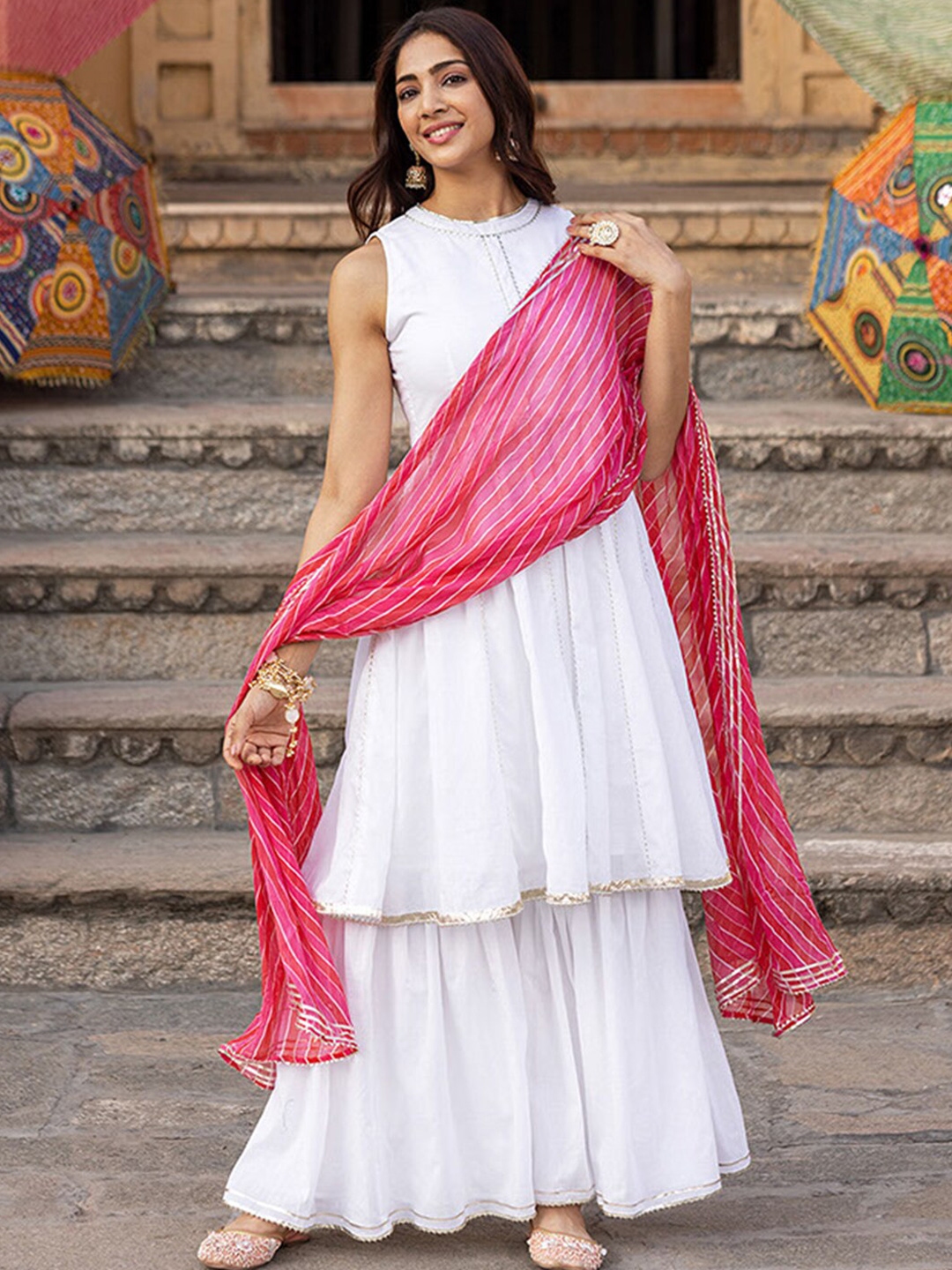 Ambraee Gotta Patti Panelled Anarkali Kurta With Sharara & Dupatta - Kurta Sets for Women 23138222 | Myntra