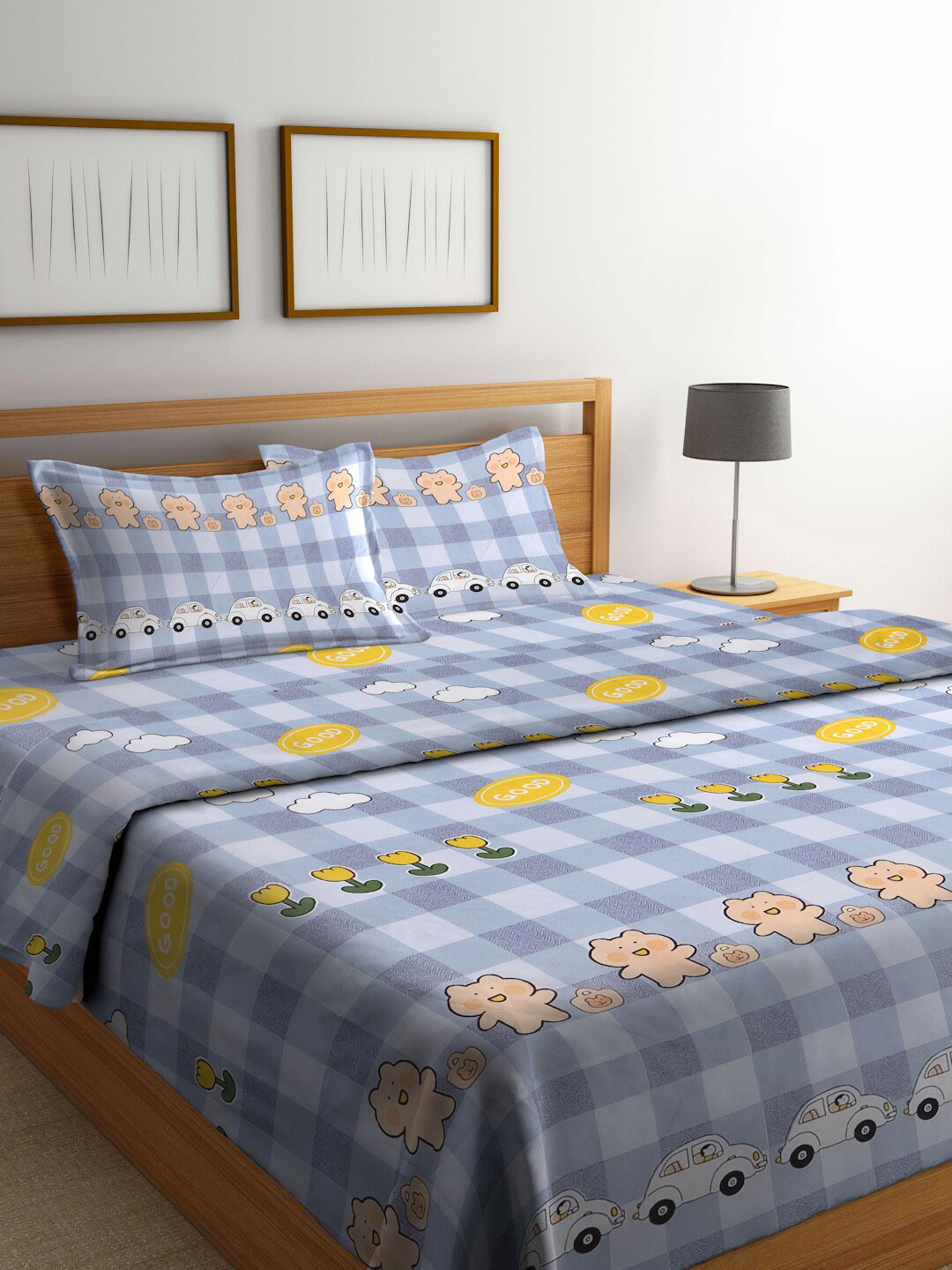 FABINALIV Blue & White Checked With Printed Detail 400 GSM Double King Bed Bedding Set