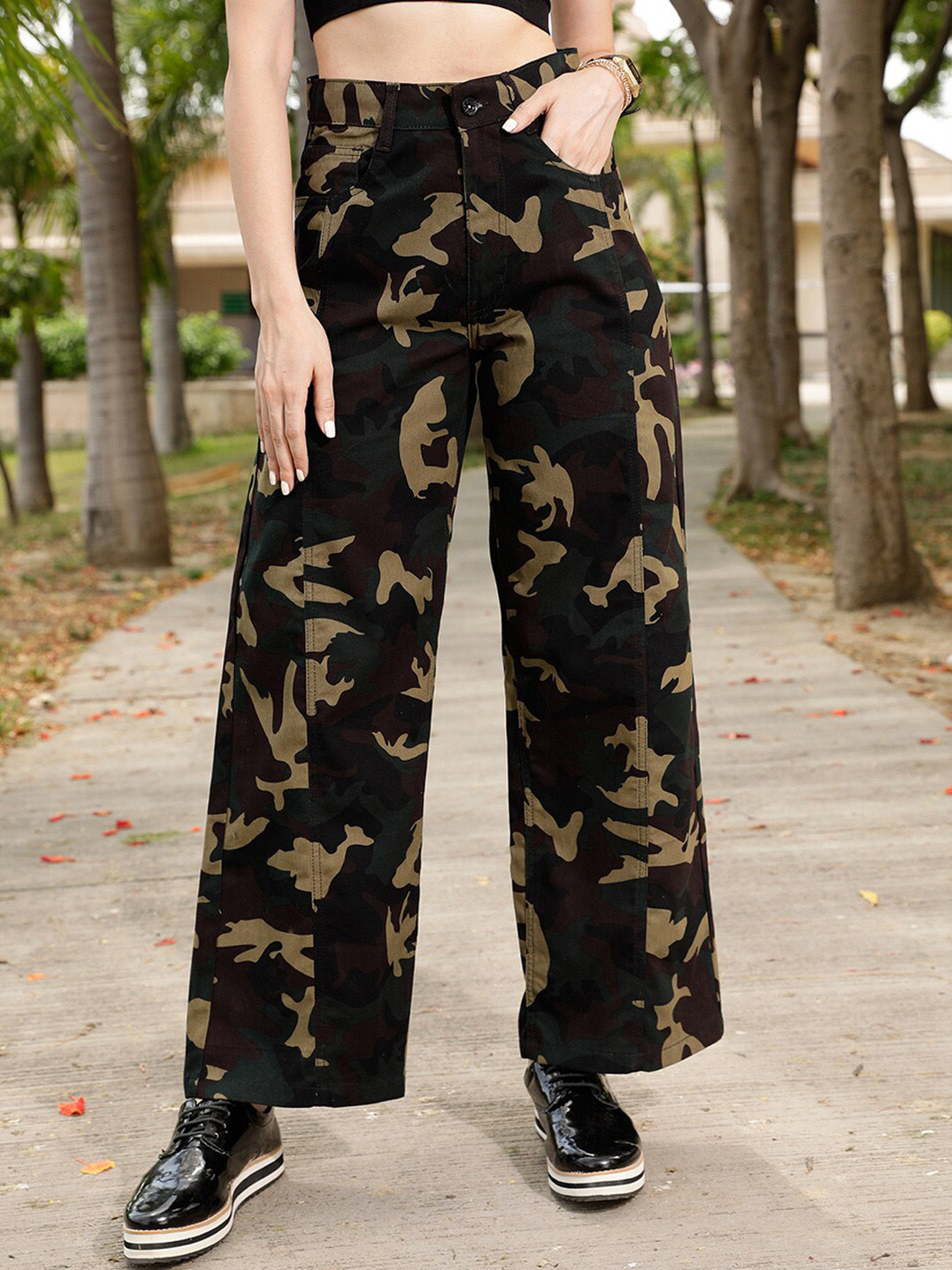 STREET 9 Women Olive Green Camouflage Printed Relaxed Straight Leg Loose Fit Trousers
