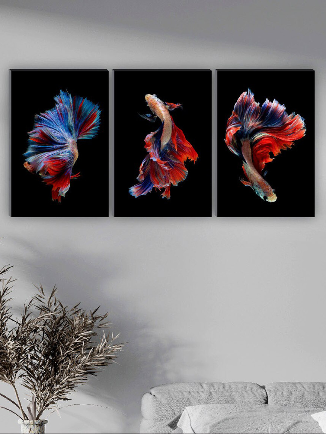 SAF Black & Blue 3 Pieces Fish Painting Waterproof Wall Arts