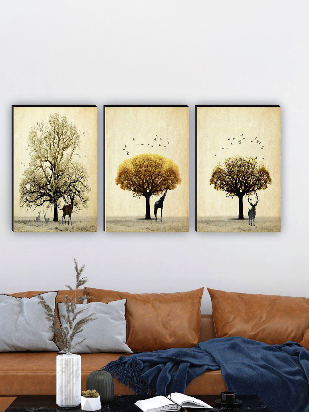 SAF Beige & Green 3 Pieces Tree And Ziraf Painting Waterproof Wall Arts