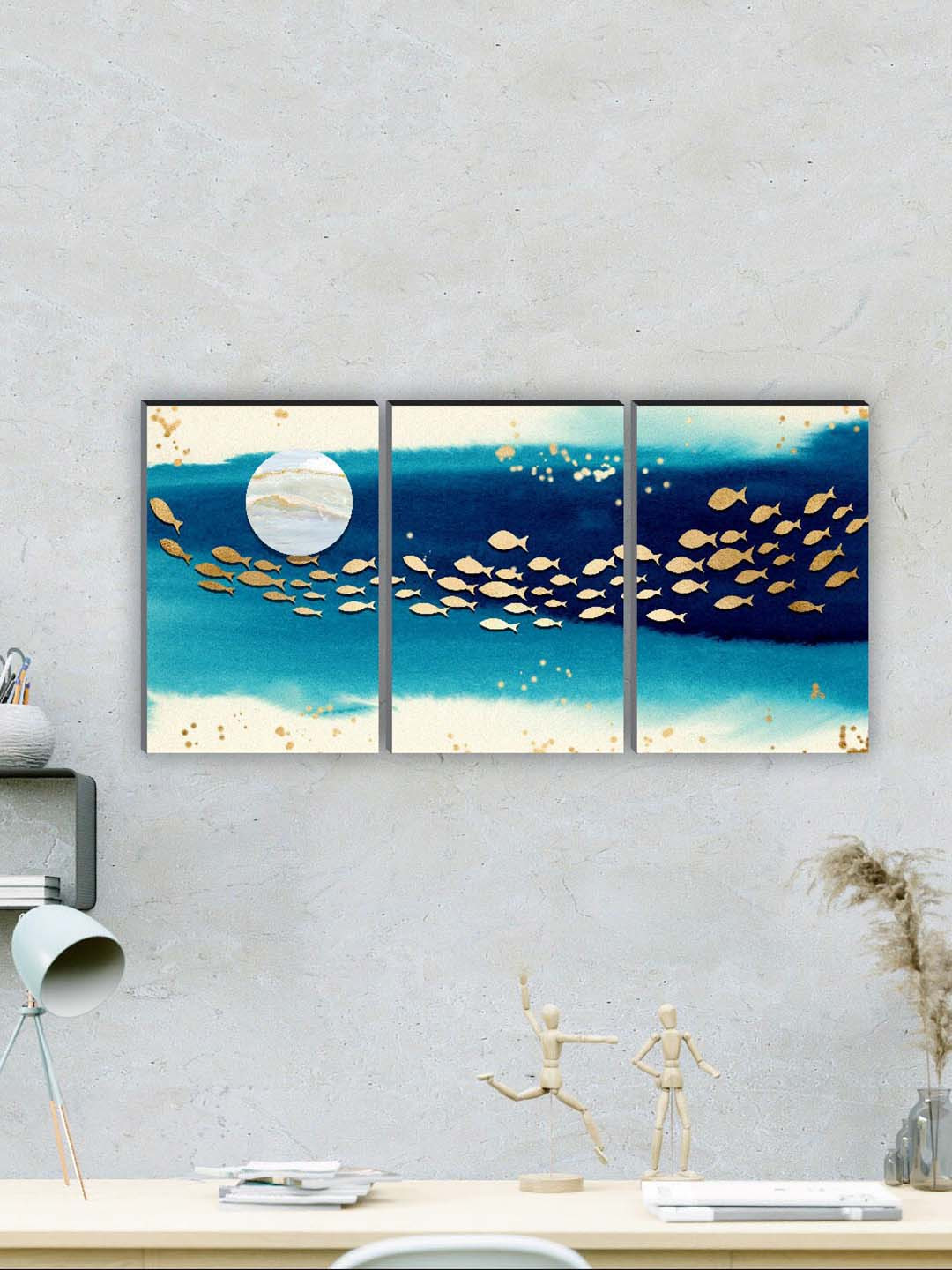 SAF White & Blue 3 Pieces Sea & Fish Painting Waterproof Wall Arts