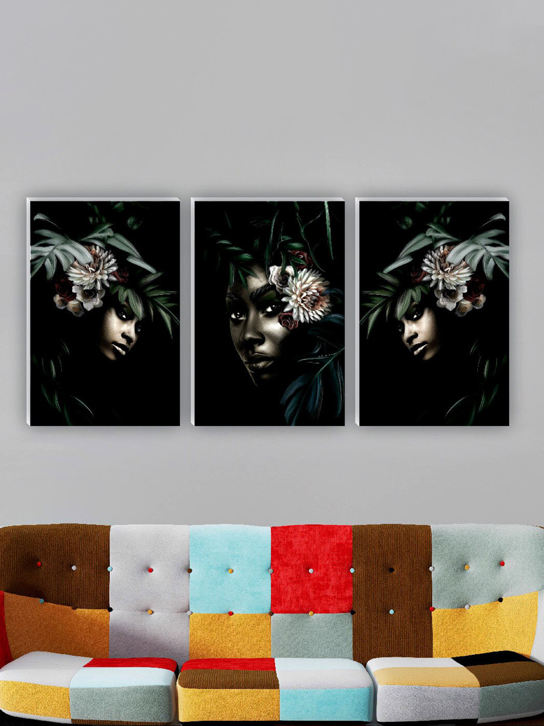 SAF Black MDF 3 Pcs Wall Living Room Rectangle Potrait Paintings Wall Art -36 x 18In