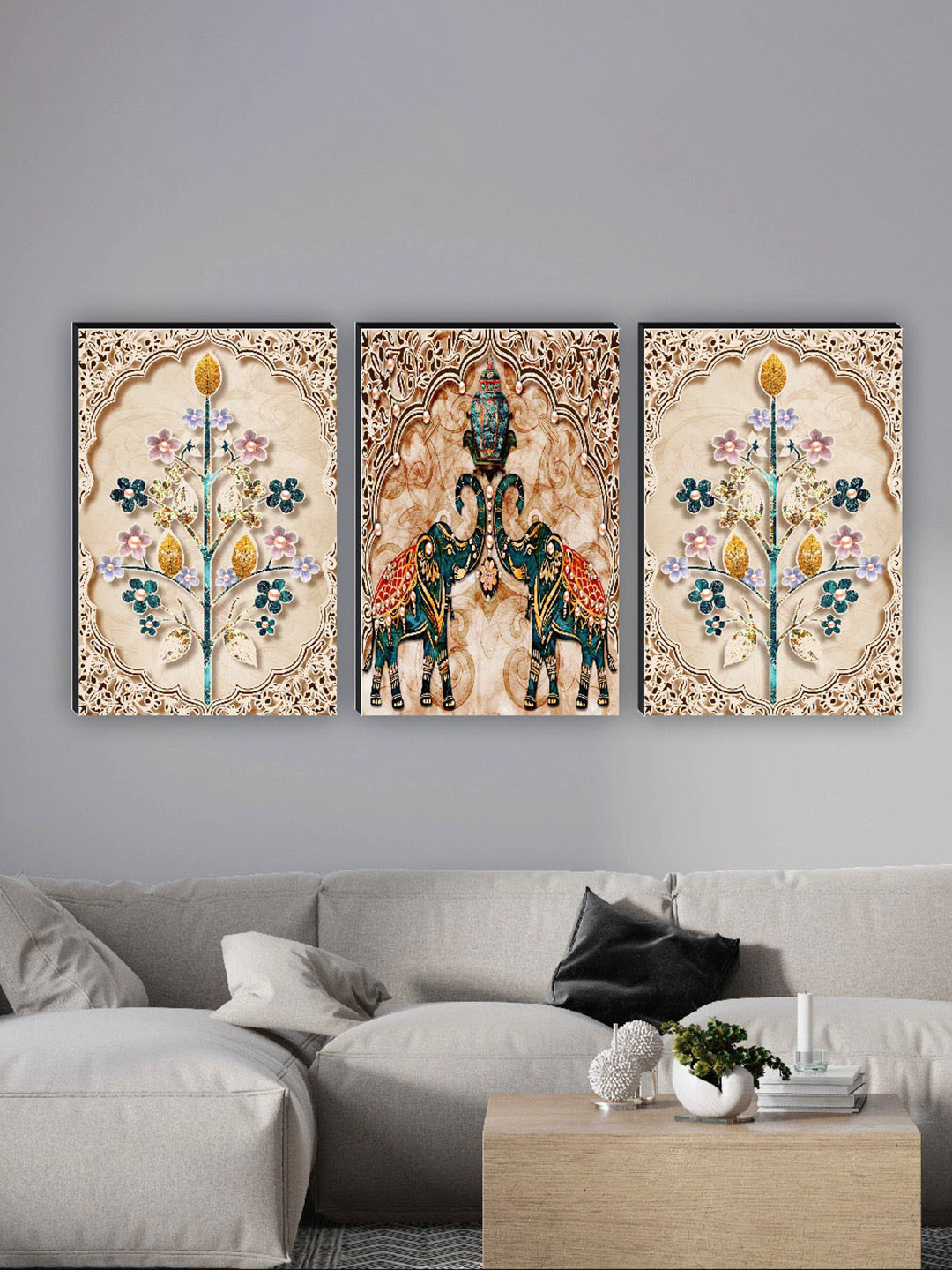 SAF Beige & Green 3 Pieces Elephant Painting Waterproof Wall Arts