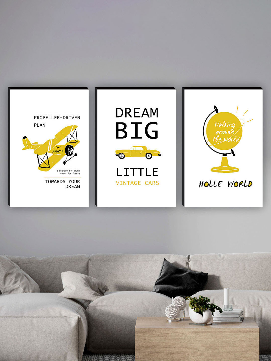 SAF White & Yellow 3 Pieces Painting Waterproof Wall Arts