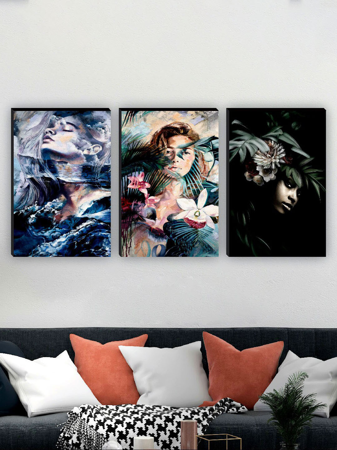 SAF Blue & Black 3 Pieces Abstract Painting Waterproof Wall Arts