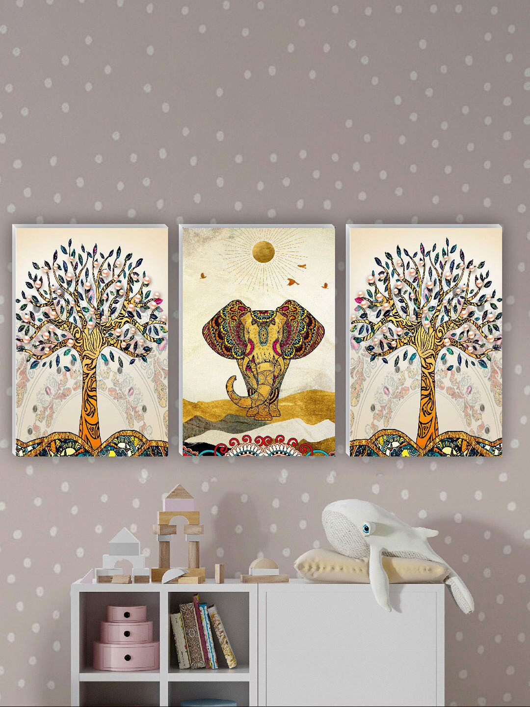 SAF Traditional Elephant MDF 3 Piece Wall Rectangle Paintings Wall Art - 12 x 18In
