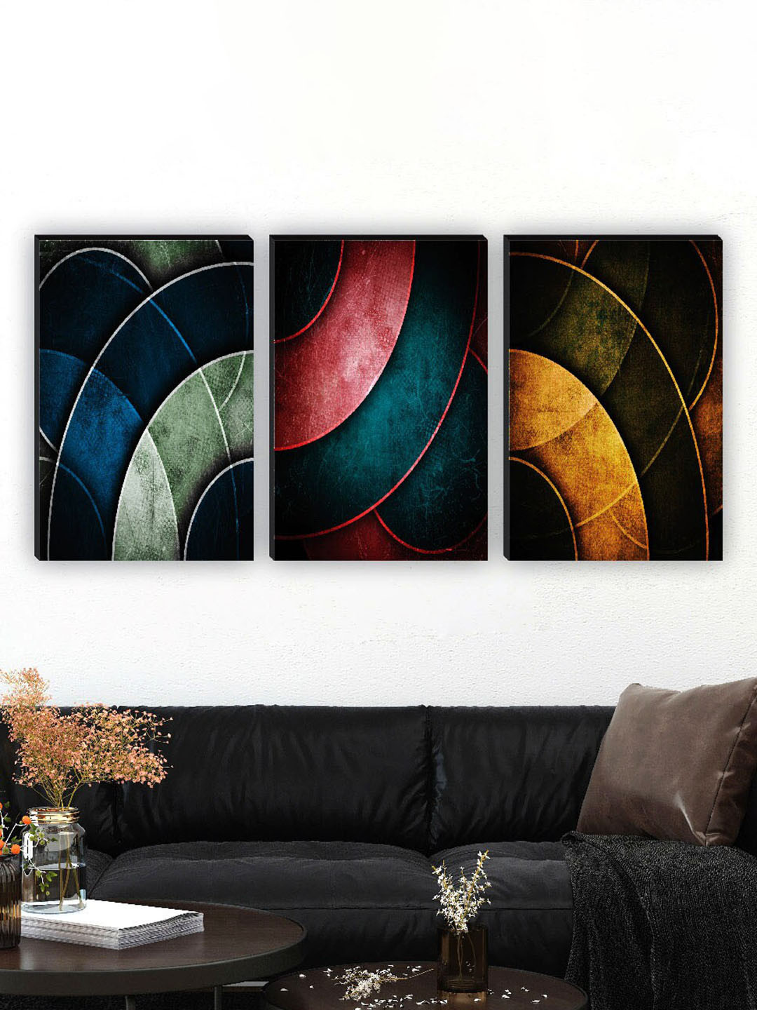 SAF Black & Green 3 Pieces Abstract Painting Waterproof Wall Arts
