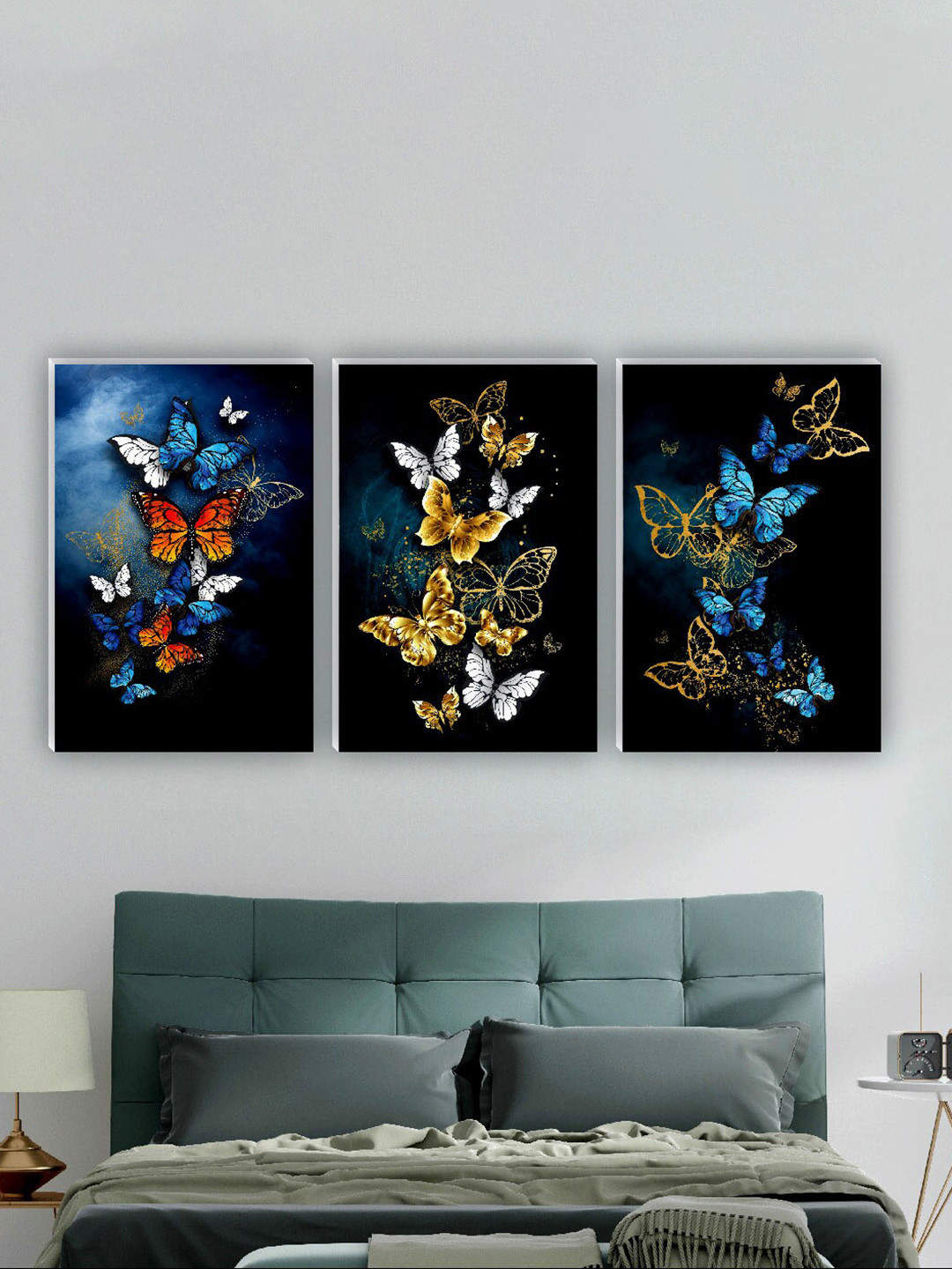 SAF Navy Blue & White 3 Pieces Butterfly Painting Wall Art