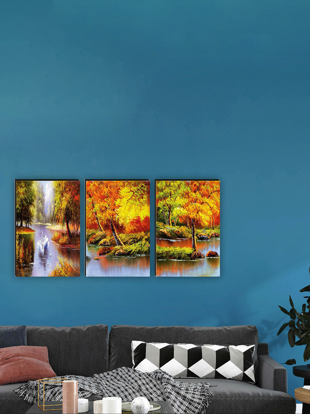 SAF Yellow & Red 3 Pieces Beautiful Nature Painting Wall Art
