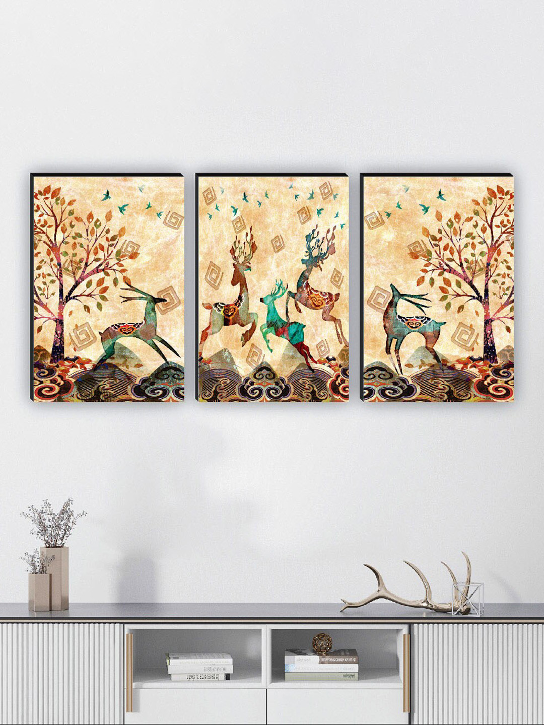 SAF Beige & Green 3 Pieces Tree Painting Wall Art