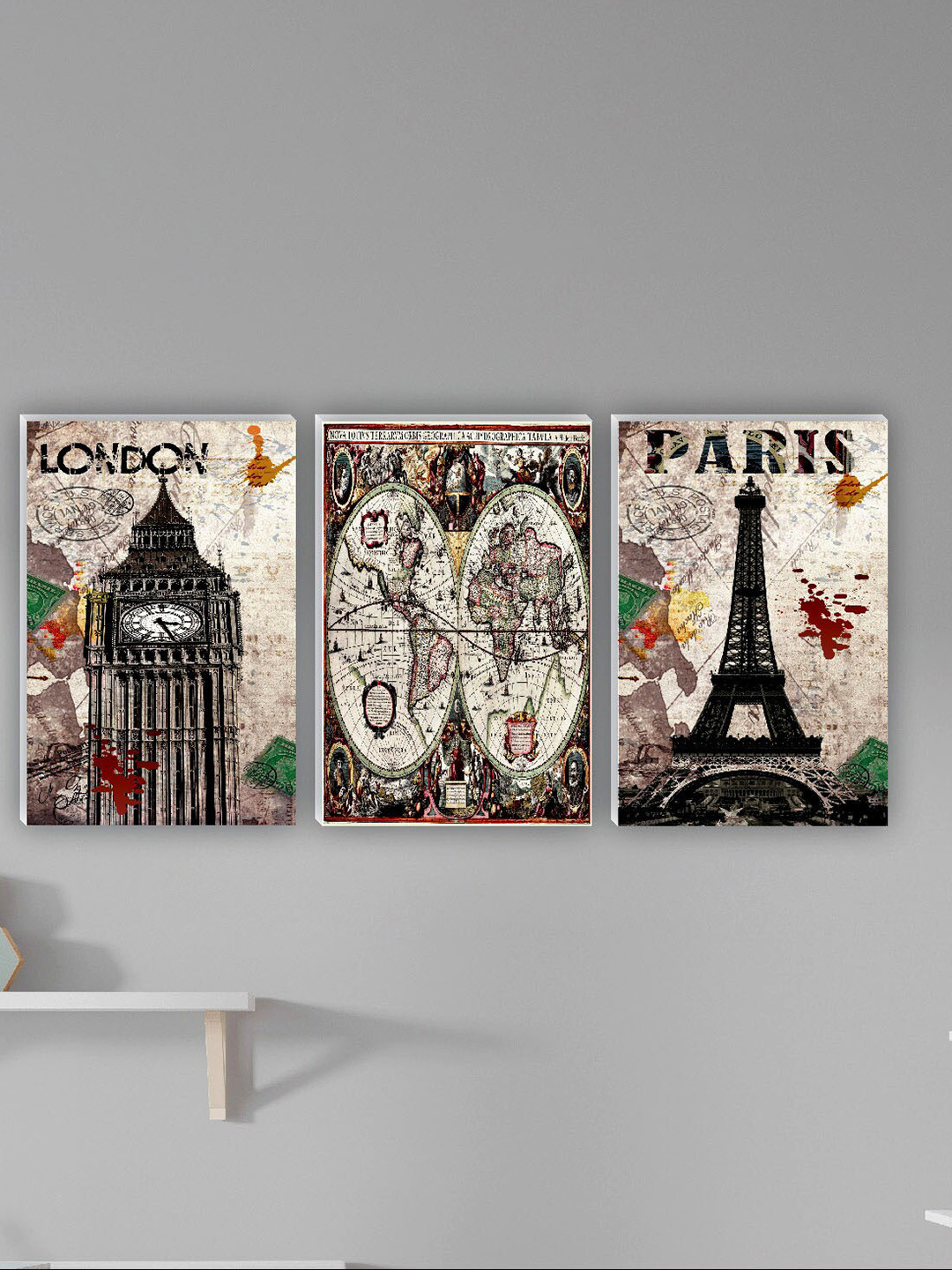 SAF London And Paris Art Paper 3 Piece Wall Portrait Paintings Wall Art-17.7 x 11.8In