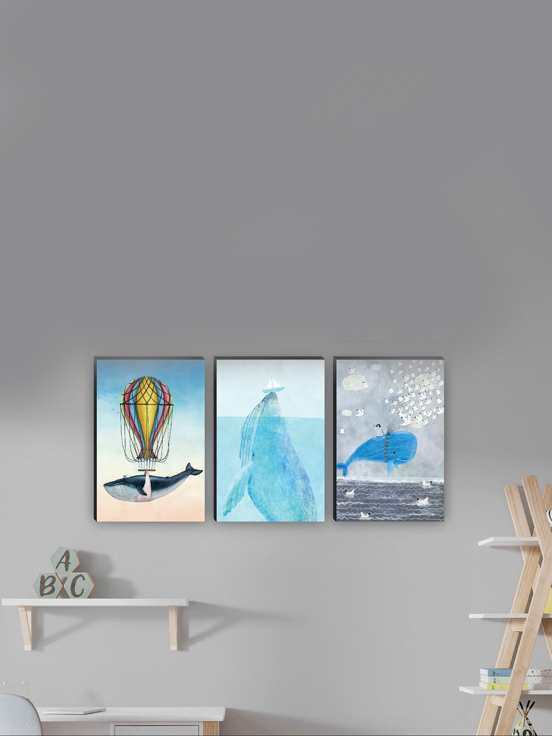 SAF White & Blue 3 Pieces Dolphin & Parachute Wall Art Painting