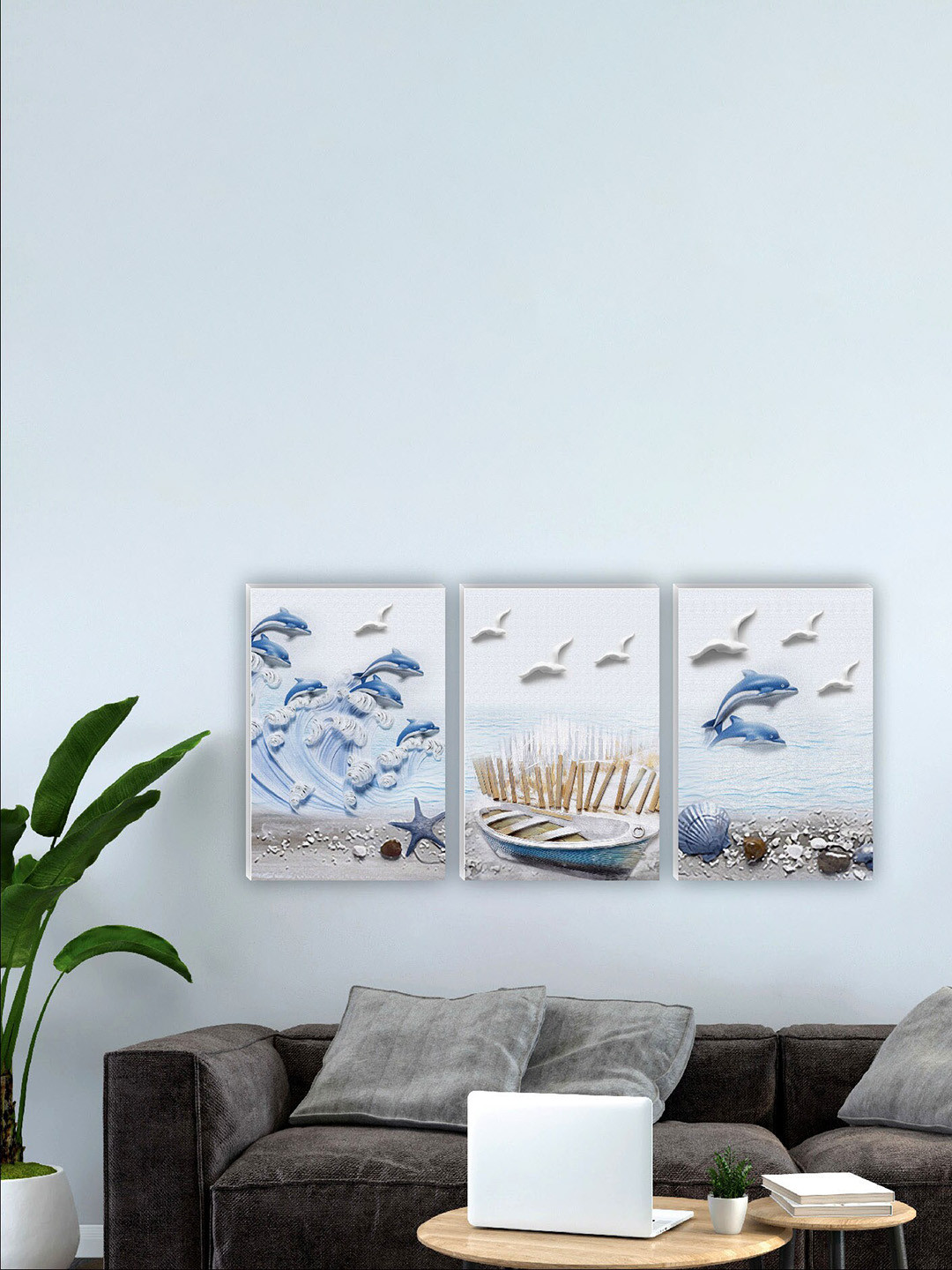 SAF Grey & Blue 3 Pieces Sea & Fish Wall Art Painting