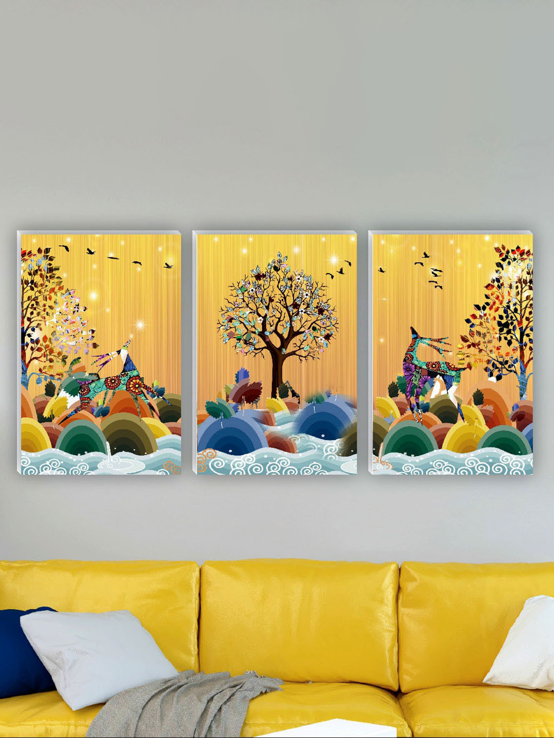 SAF Green & Blue 3 Pieces Tree & Deer Wall Art Painting