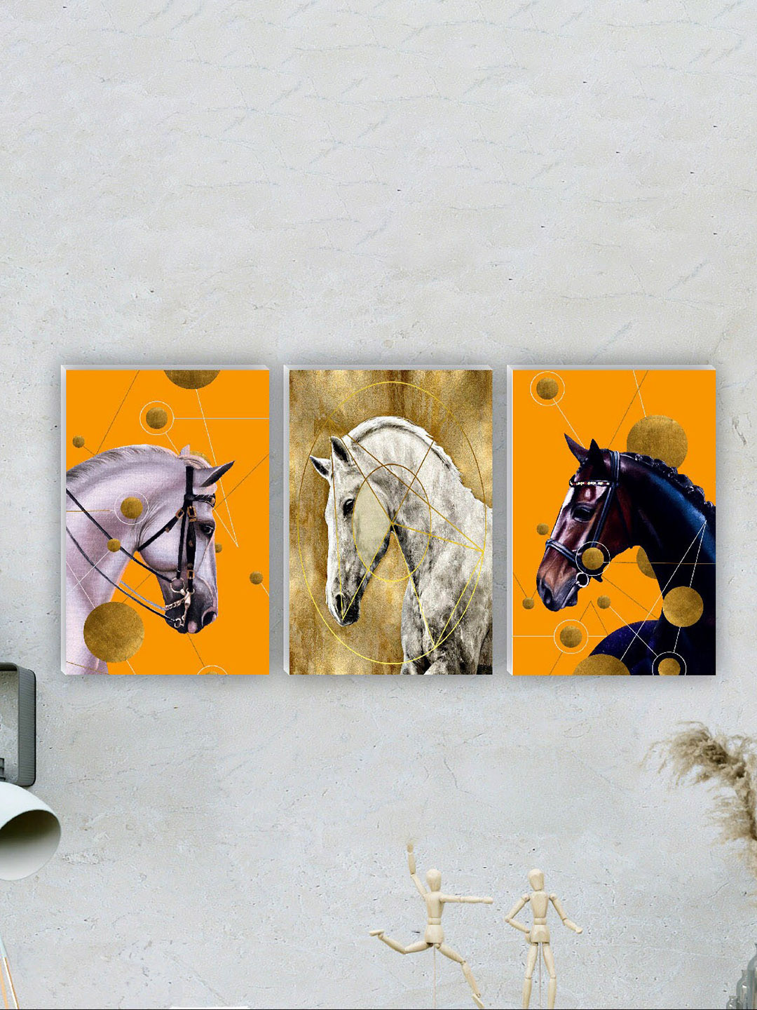 SAF Orange-coloured & beige 3 Pieces Horse Wall Art Painting