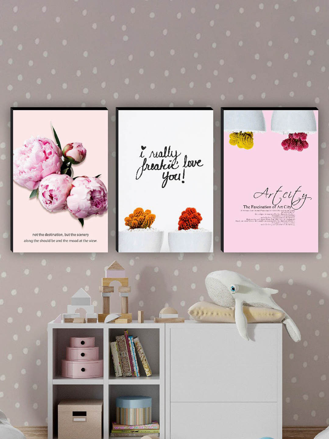 SAF White & Pink 3 Pieces Love Quotes Matte finish Wall Art