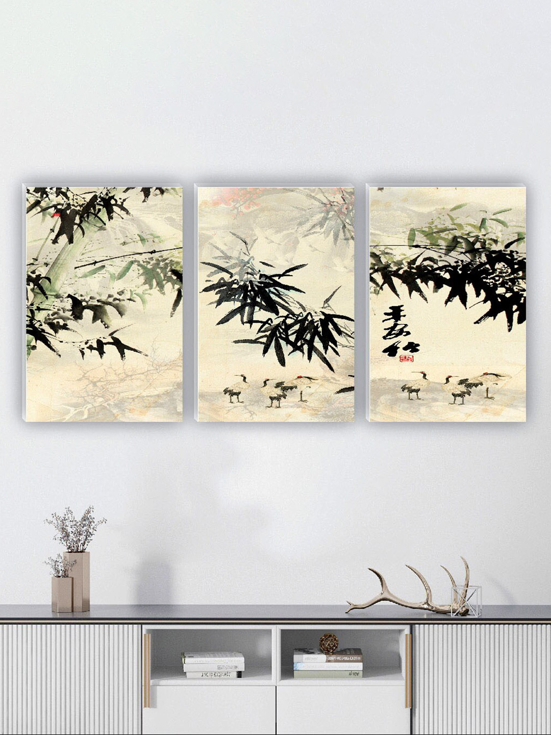 SAF Cream-Coloured & Black 3 Pieces Matte Finish Leaves Wall Art