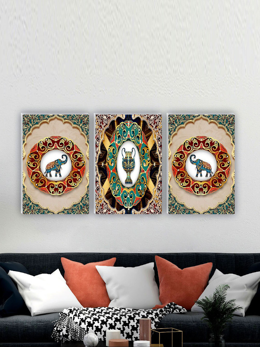 SAF Green & Red 3 Pieces Matte Finish Elephant Wall Art