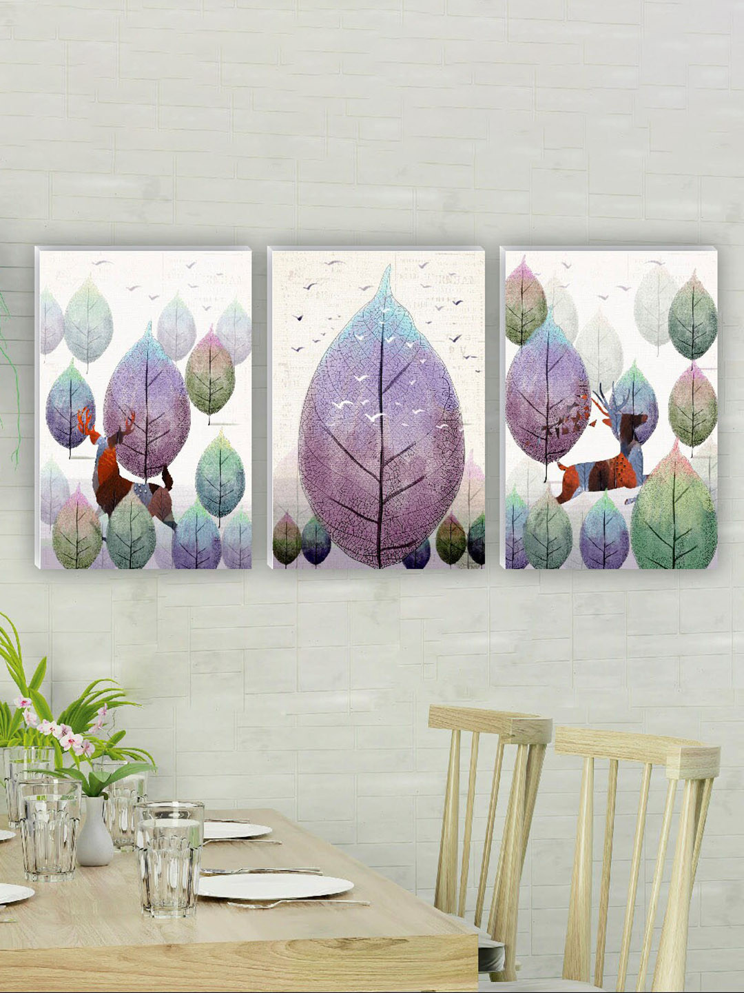SAF White & Purple 3 Pieces Leaves & Deer Matte Finish Wall Art