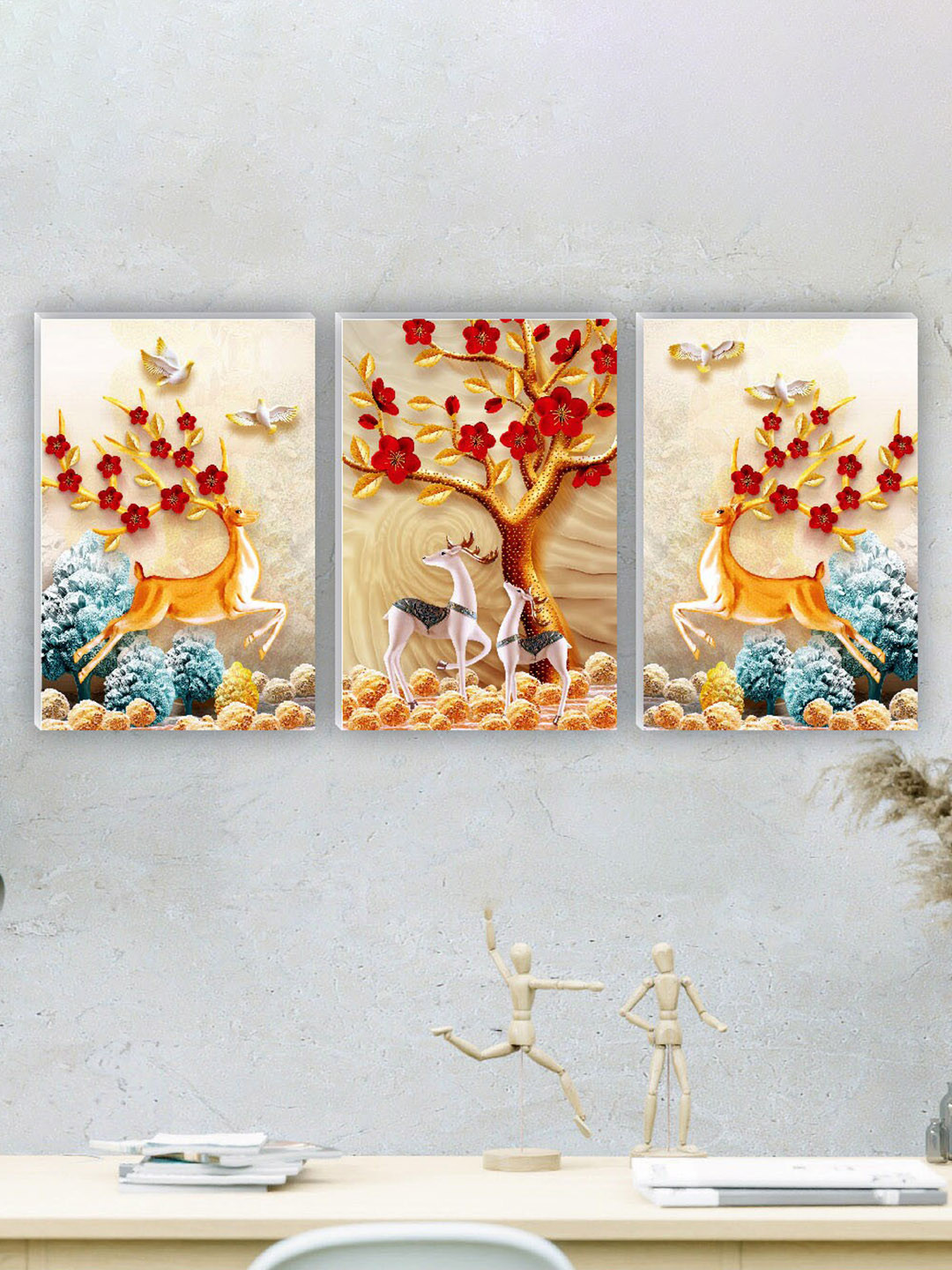 SAF Beige & Blue 3 Pieces Deer & Tree Matte Finish Wall Art