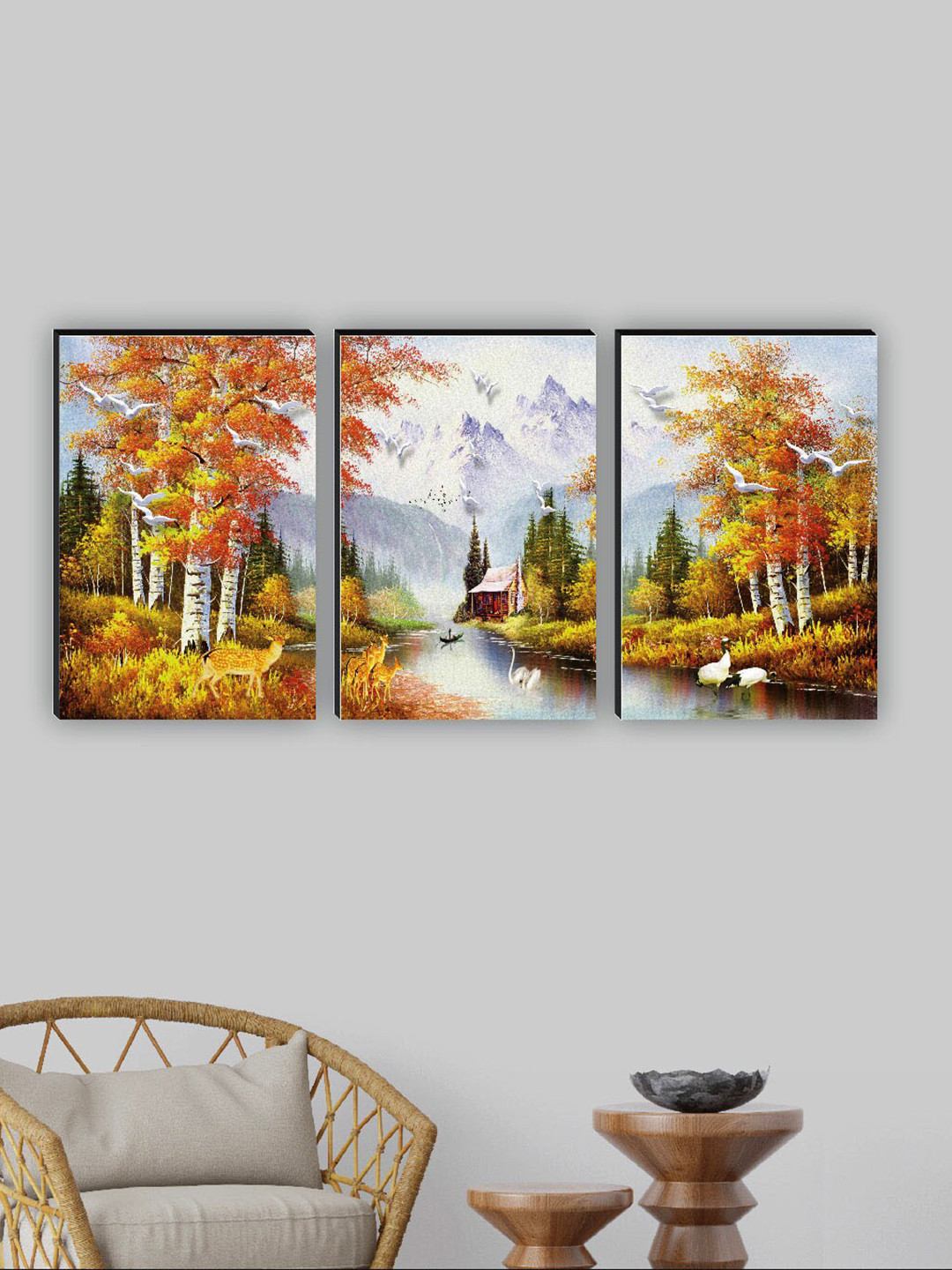 SAF White & Green 3 Pieces Nature Wall Matte Finish Art
