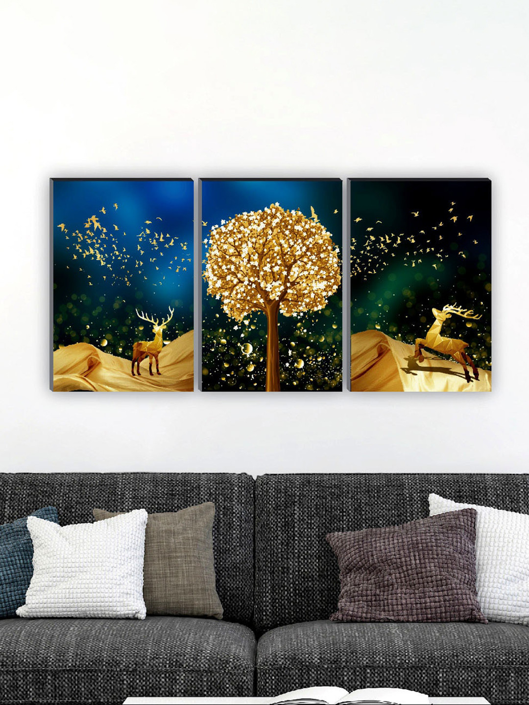 SAF Blue & Green 3 Pieces Tree & Deer Painting Wall Arts