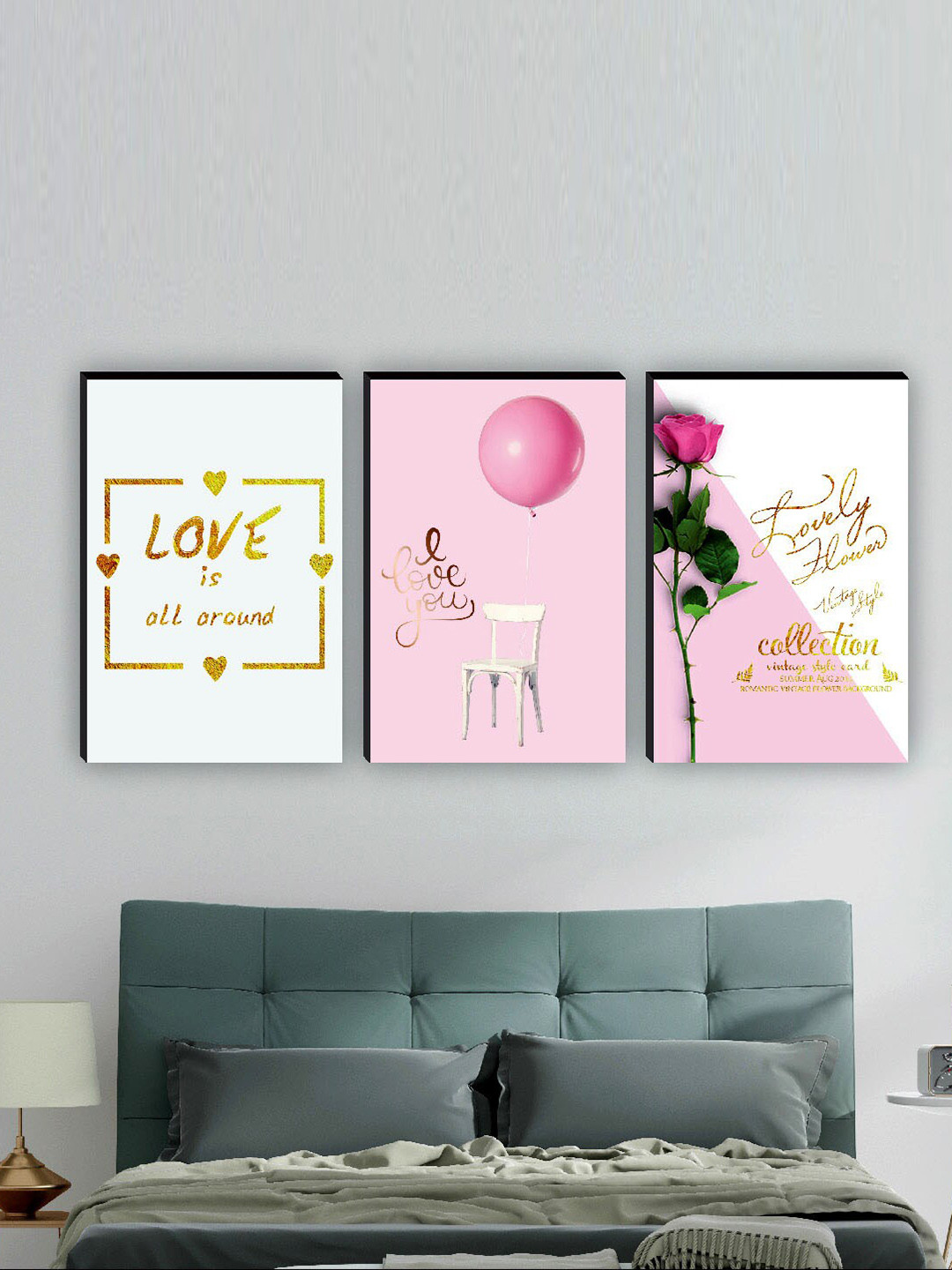 SAF White & Pink 3 Pieces Love Quotes Matte Finish Wall Art