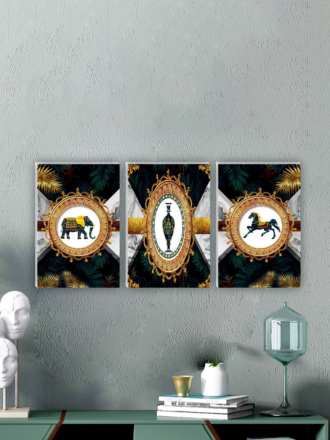 SAF Navy Blue & White 3 Pieces Elephant & Horse Matte Finish Wall Art