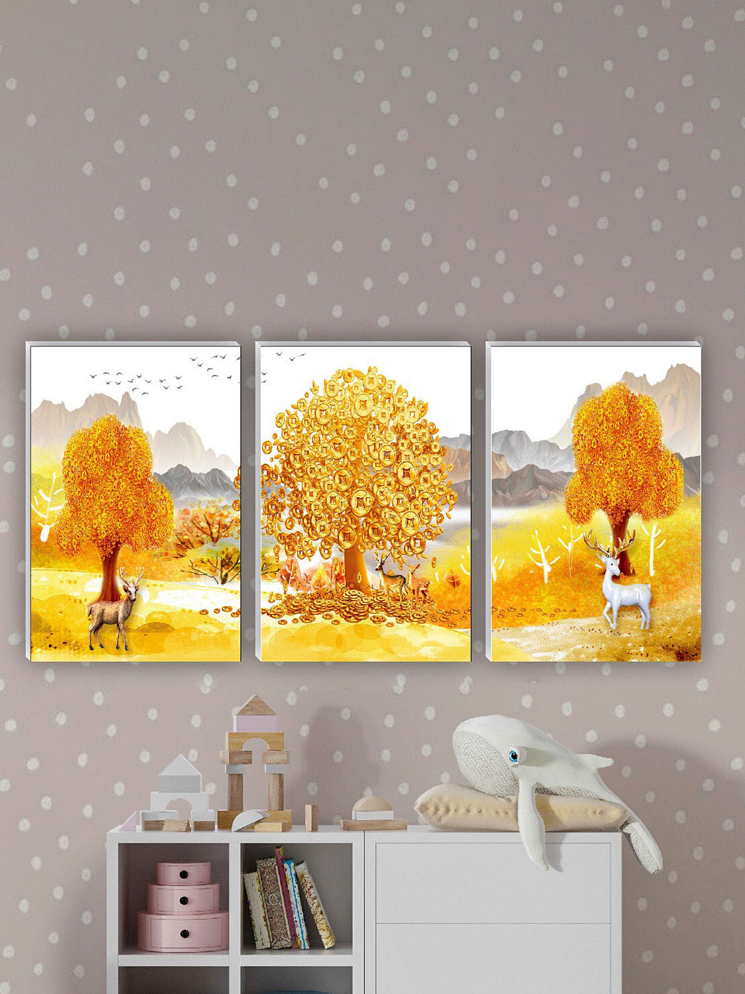 SAF Tree & Deer MDF 3 Piece Wall Rectangle Paintings Wall Art - 18 x 12 In