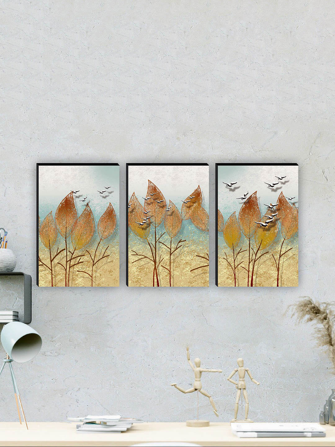 SAF Blue & Yellow 3 Pieces Painting Water Proof Wall Art