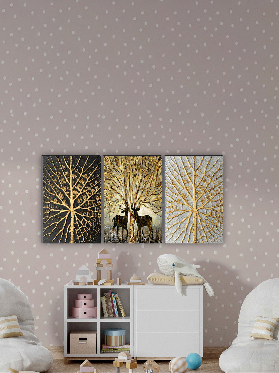 SAF Black & Golden Colored 3 Pieces Painting Water Proof Wall Art