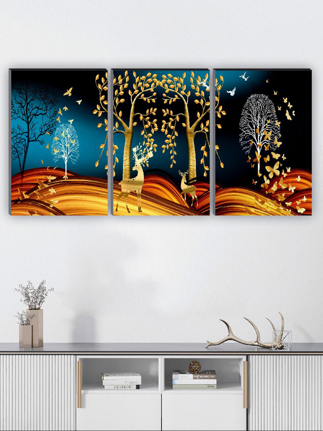SAF Blue & Black 3 Pieces Tree And Deer Painting Wall Arts