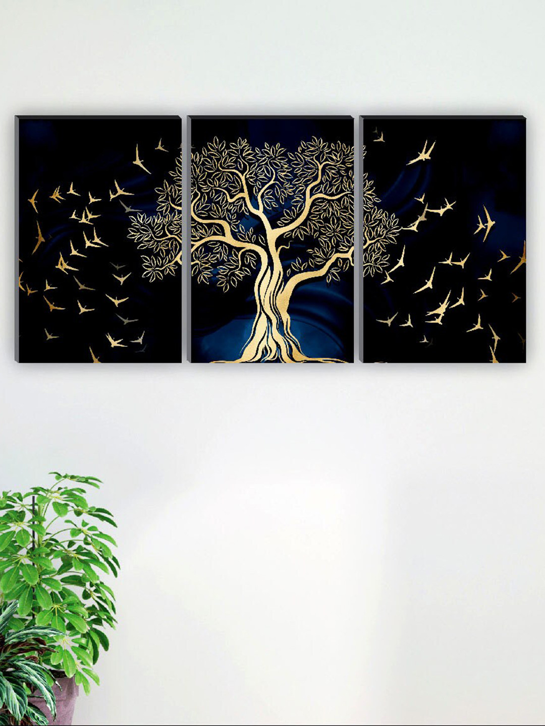 SAF Black & Blue 3 Pieces Tree & Birds Painting Wall Arts