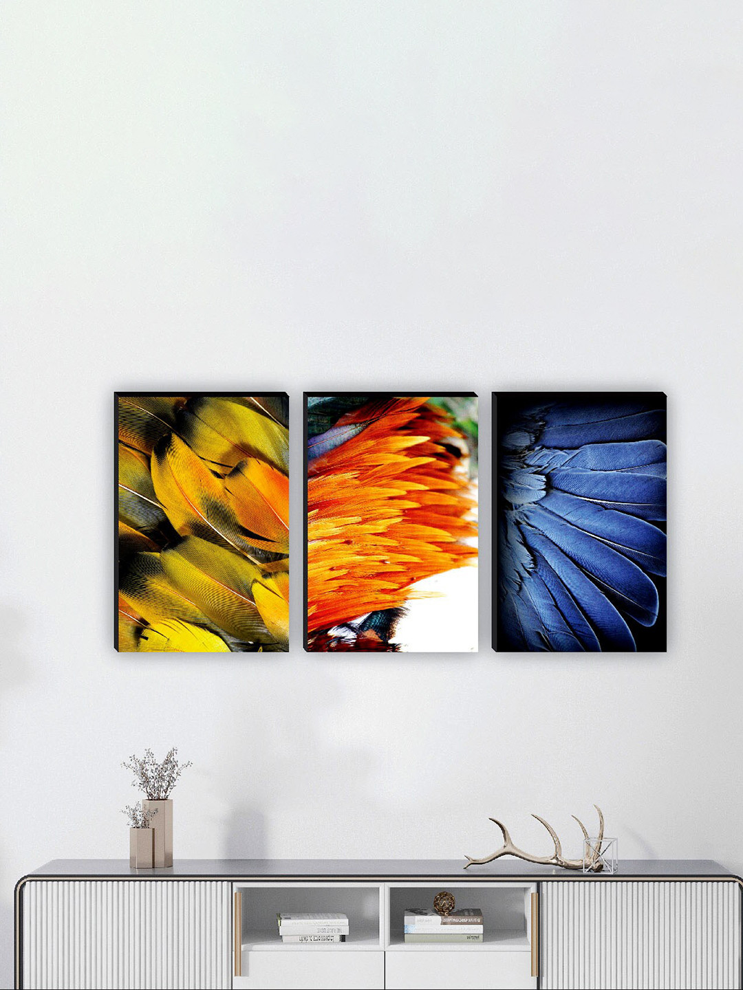 SAF Blue & Yellow 3 Pieces Feather Painting Wall Arts