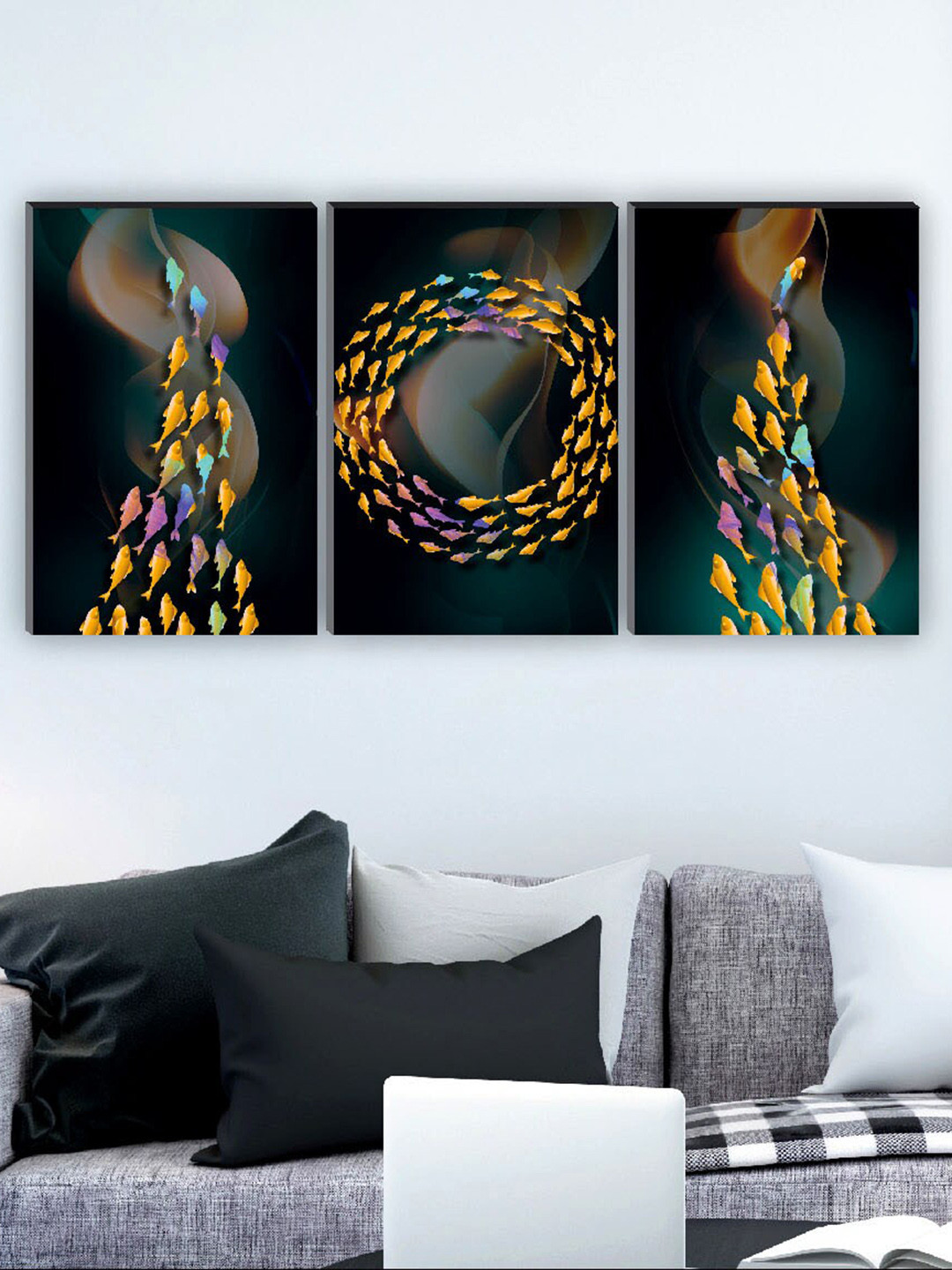 SAF Black & Purple 3 Pieces Colorful Fish Painting Wall Arts